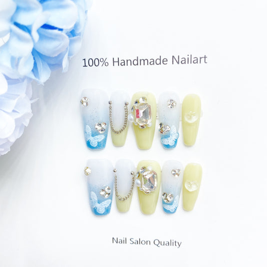 Handmade Nails Press on Nails DIY Nail Art for Woman Girl Nail Design Long Coffin Yellow Blue 2023