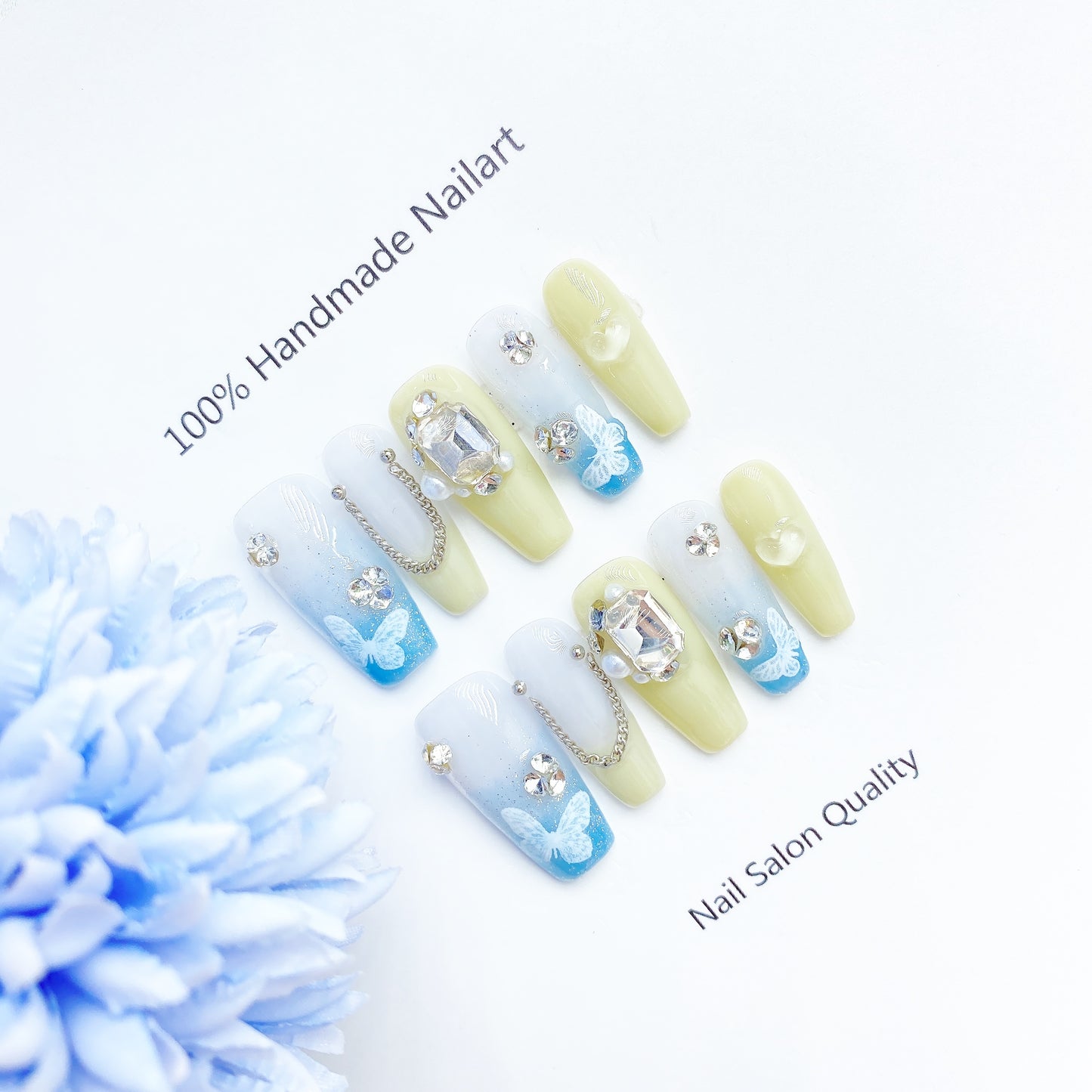 Handmade Nails Press on Nails DIY Nail Art for Woman Girl Nail Design Long Coffin Yellow Blue 2023