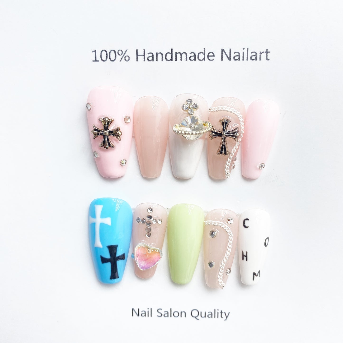 Handmade Nails Press on Nails DIY Nail Art for Woman Girl Nail Design Long Coffin Blue Pink 2023