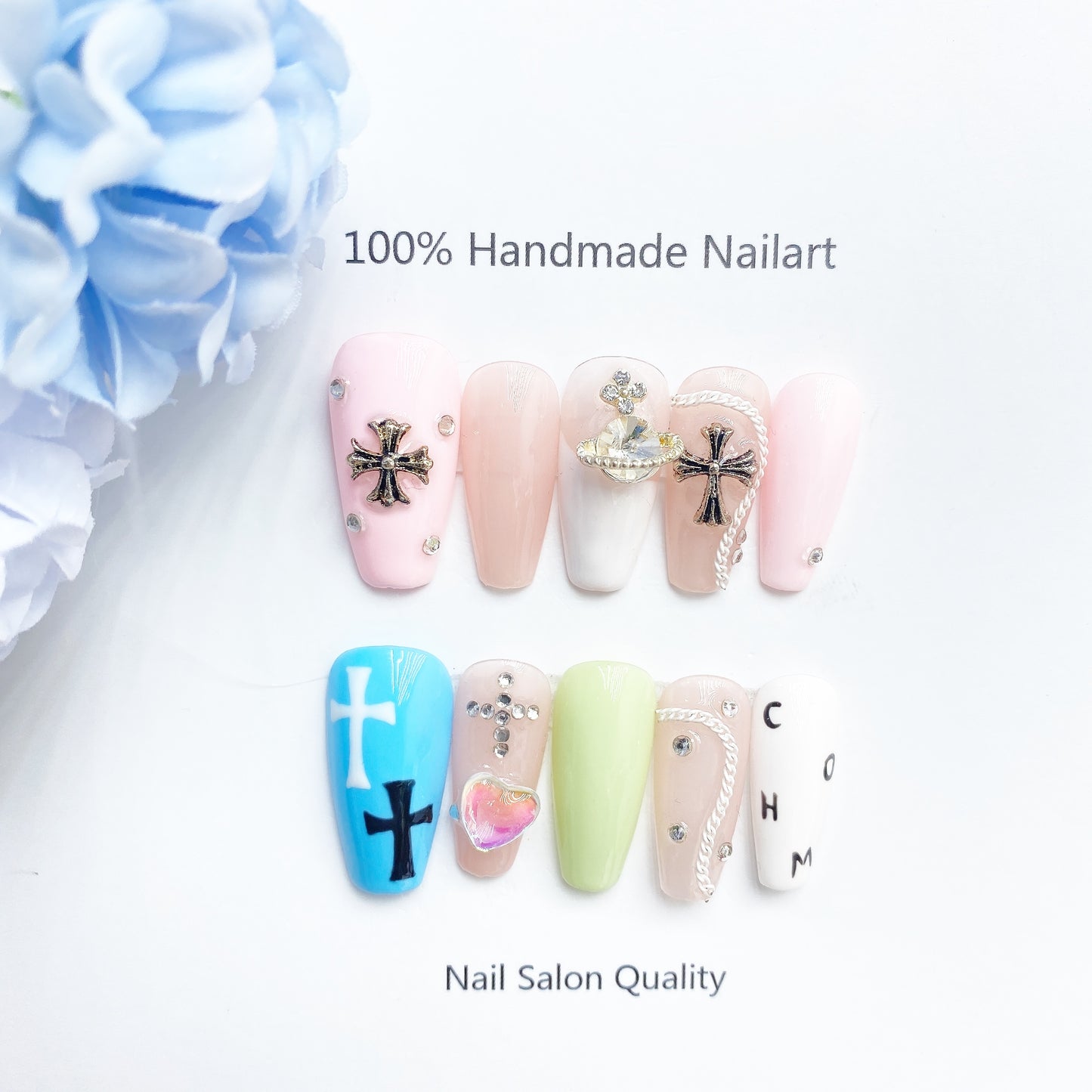 Handmade Nails Press on Nails DIY Nail Art for Woman Girl Nail Design Long Coffin Blue Pink 2023