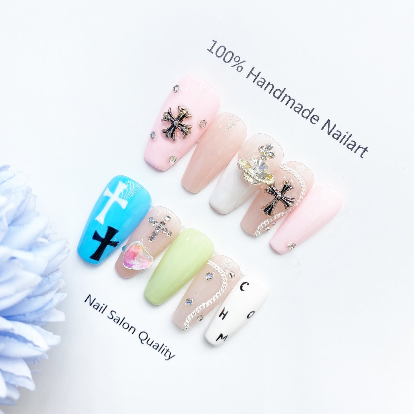 Handmade Nails Press on Nails DIY Nail Art for Woman Girl Nail Design Long Coffin Blue Pink 2023