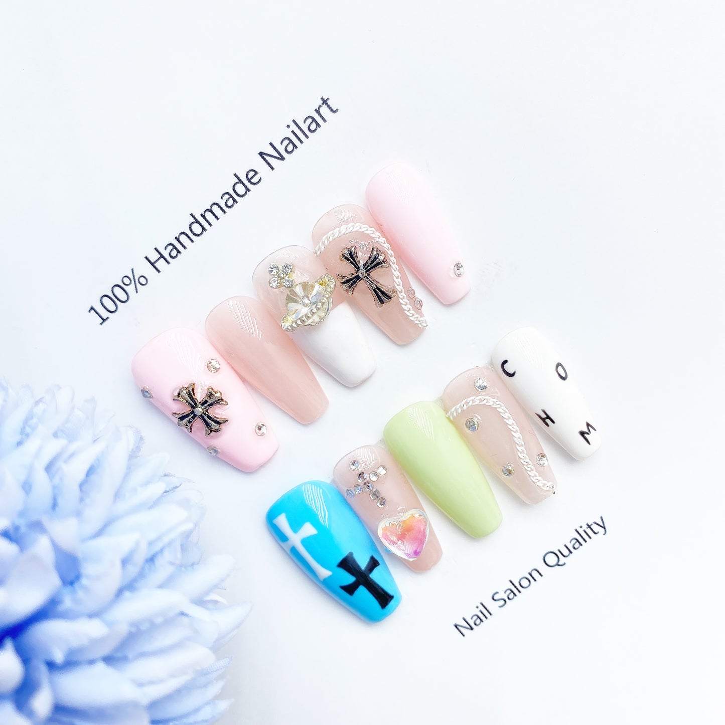 Handmade Nails Press on Nails DIY Nail Art for Woman Girl Nail Design Long Coffin Blue Pink 2023