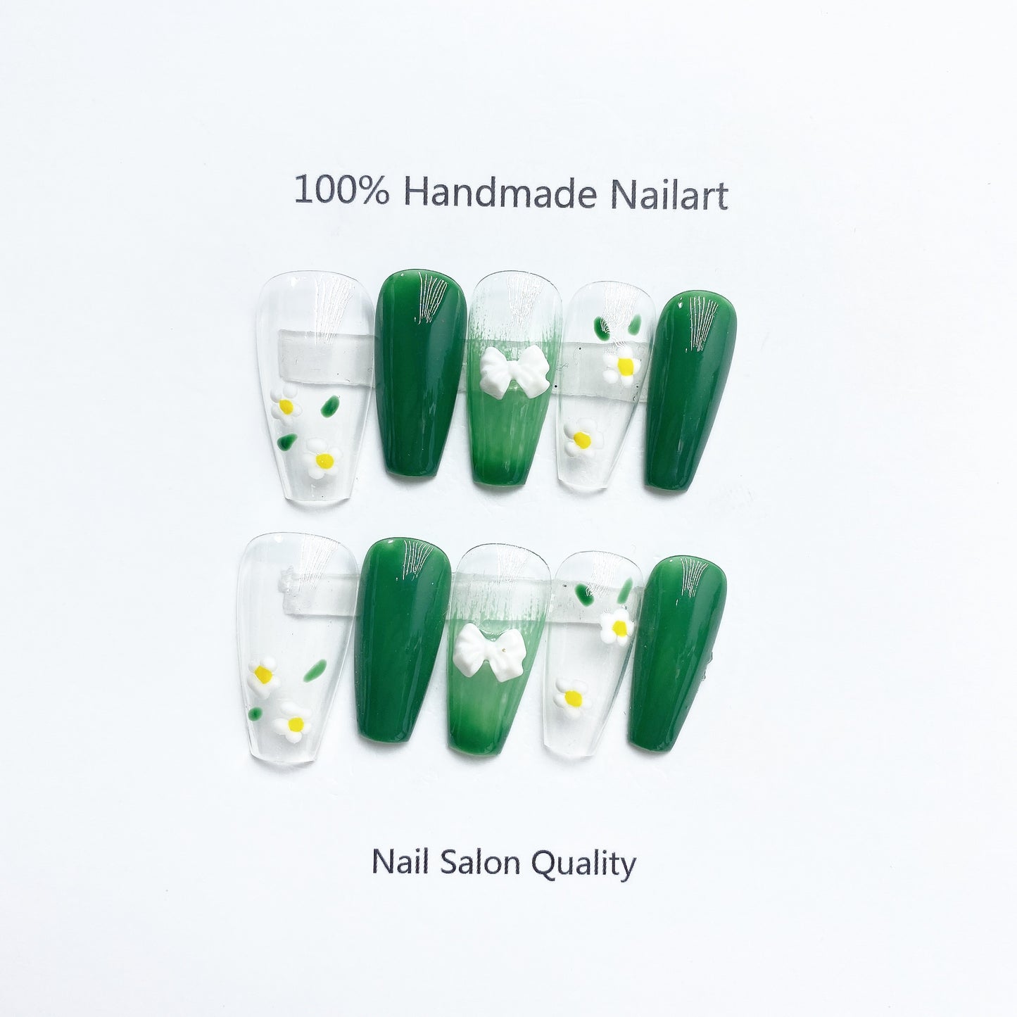 Handmade Nails Press on Nails DIY Nail Art for Woman Girl Nail Design Long Coffin Transparent Green 2023