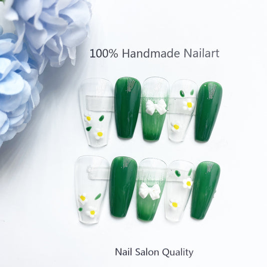 Handmade Nails Press on Nails DIY Nail Art for Woman Girl Nail Design Long Coffin Transparent Green 2023