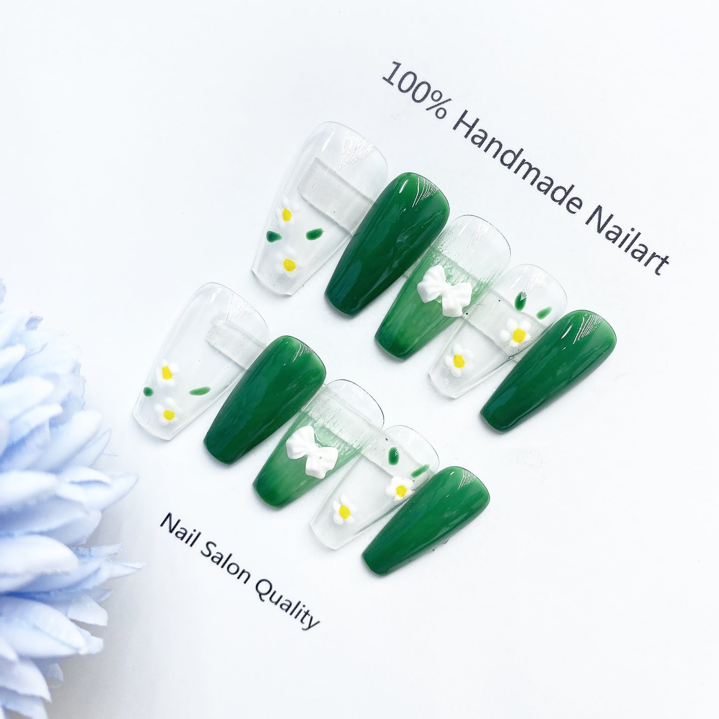 Handmade Nails Press on Nails DIY Nail Art for Woman Girl Nail Design Long Coffin Transparent Green 2023