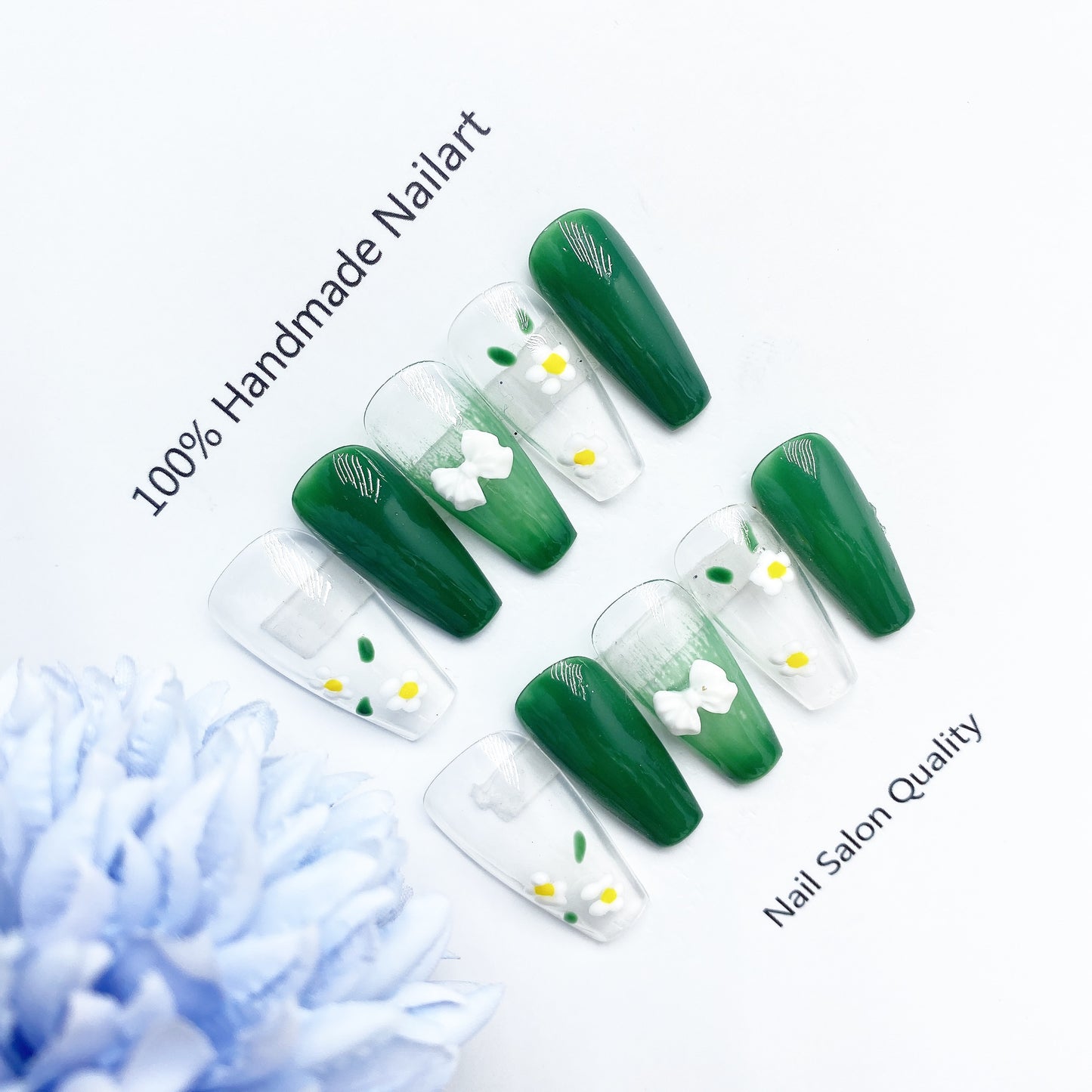 Handmade Nails Press on Nails DIY Nail Art for Woman Girl Nail Design Long Coffin Transparent Green 2023