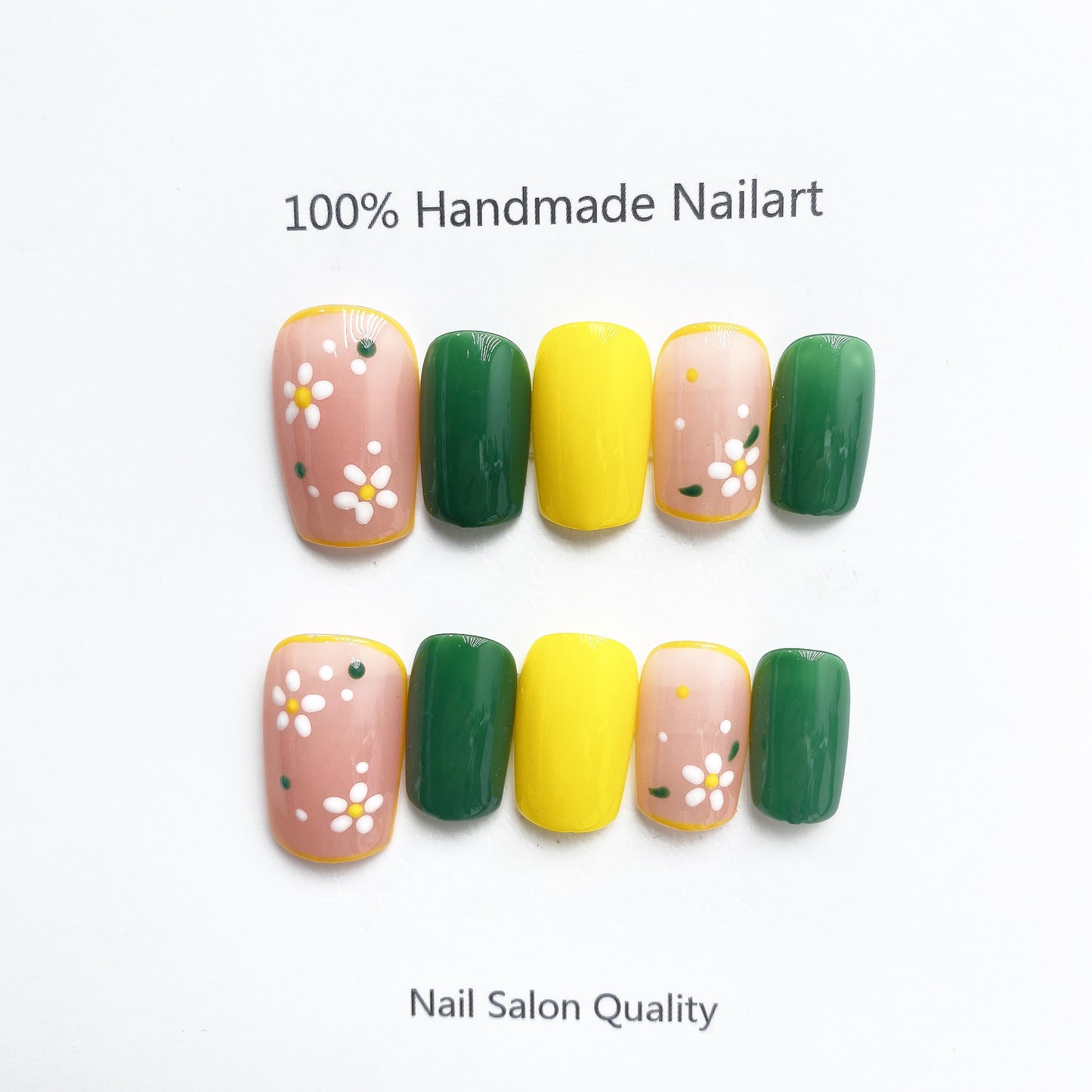 Handmade Nails Press on Nails DIY Nail Art for Woman Girl Nail Design Long Coffin Pink Green Yellow 2023