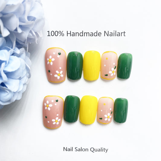 Handmade Nails Press on Nails DIY Nail Art for Woman Girl Nail Design Long Coffin Pink Green Yellow 2023