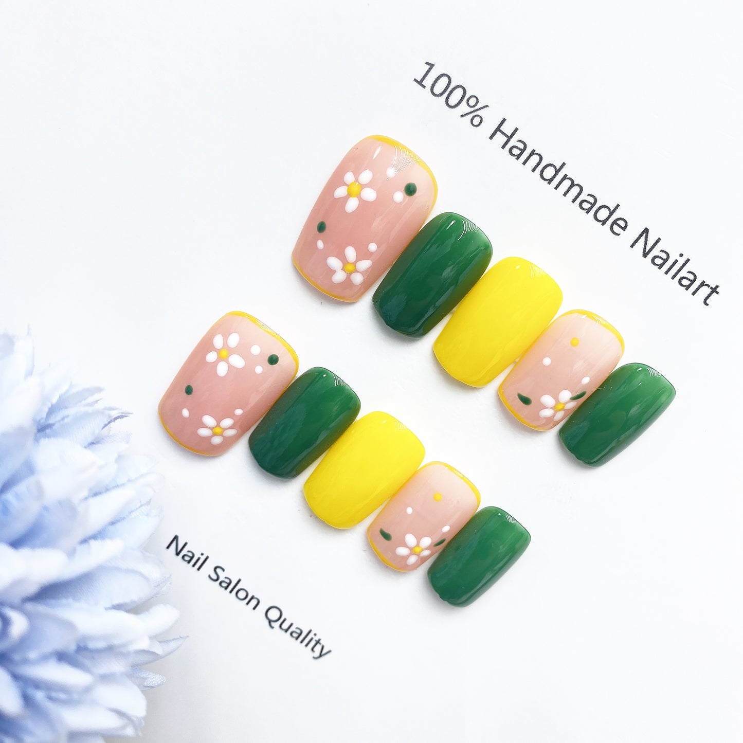 Handmade Nails Press on Nails DIY Nail Art for Woman Girl Nail Design Long Coffin Pink Green Yellow 2023