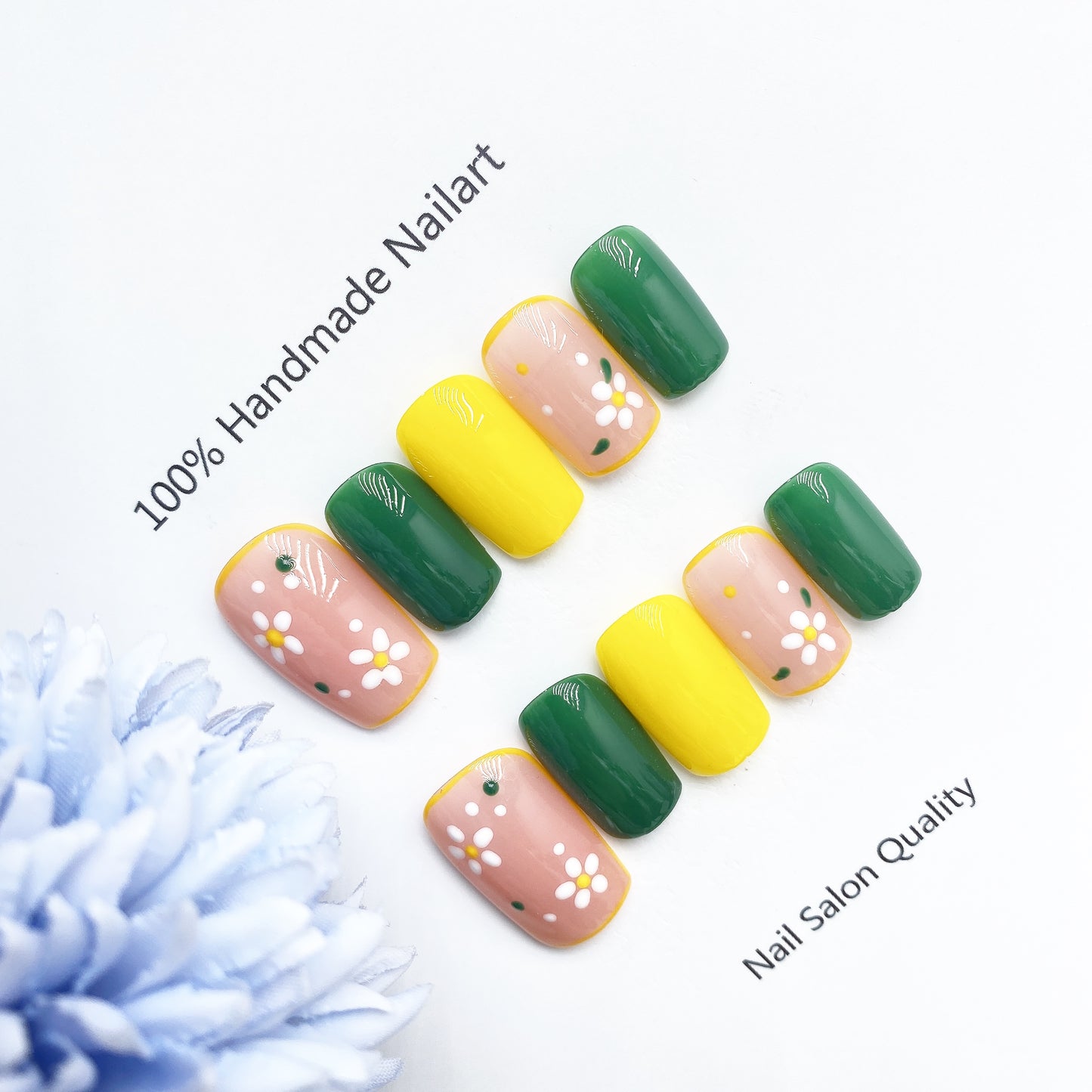 Handmade Nails Press on Nails DIY Nail Art for Woman Girl Nail Design Long Coffin Pink Green Yellow 2023