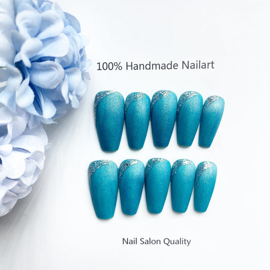 Handmade Nails Press on Nails DIY Nail Art for Woman Girl Nail Design Long Coffin Blue  2023