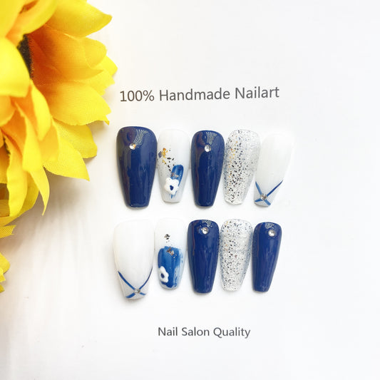 Handmade Nails Press on Nails DIY Nail Art for Woman Girl Nail Design Long Coffin Blue 2023