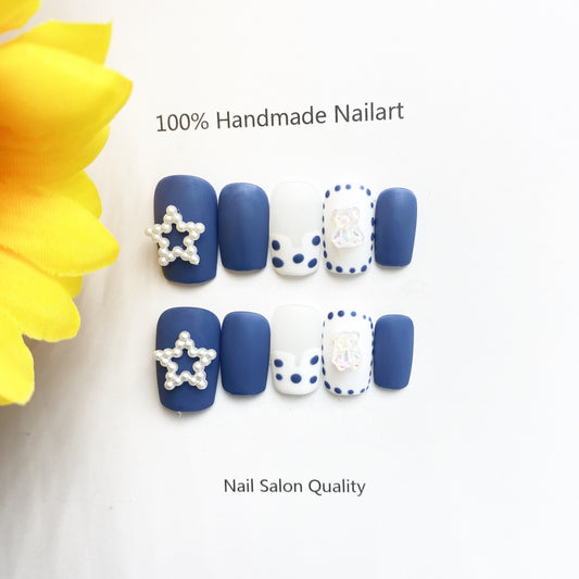 Handmade Nails Press on Nails DIY Nail Art for Woman Girl Nail Design Long Coffin Blue 2023