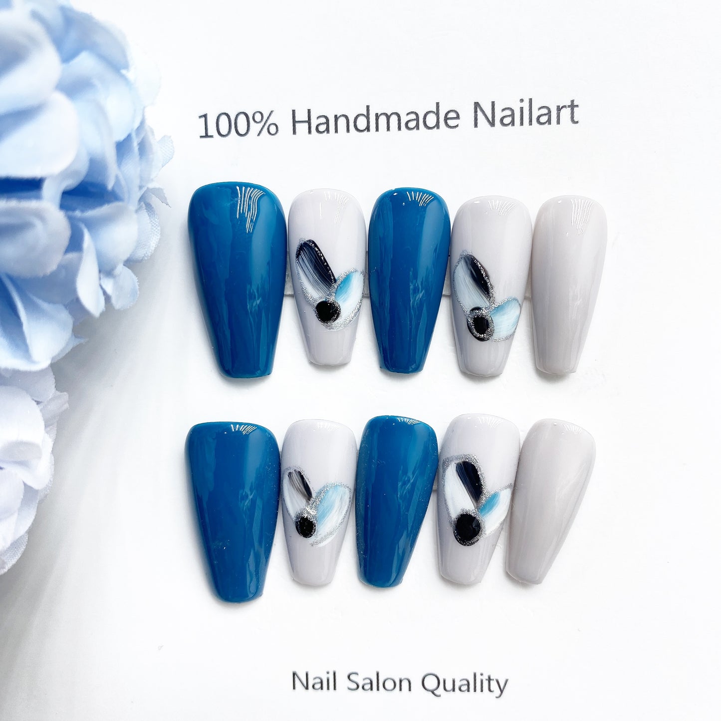 Handmade Nails Press on Nails DIY Nail Art for Woman Girl Nail Design Long Coffin Blue 2023