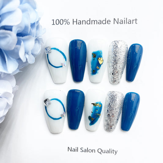 Handmade Nails Press on Nails DIY Nail Art for Woman Girl Nail Design Long Coffin Blue 2023