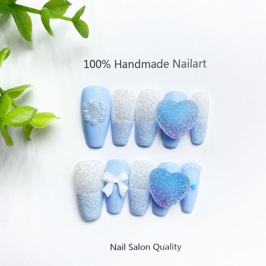 Handmade Nails Press on Nails DIY Nail Art for Woman Girl Nail Design Long Coffin Blue 2023