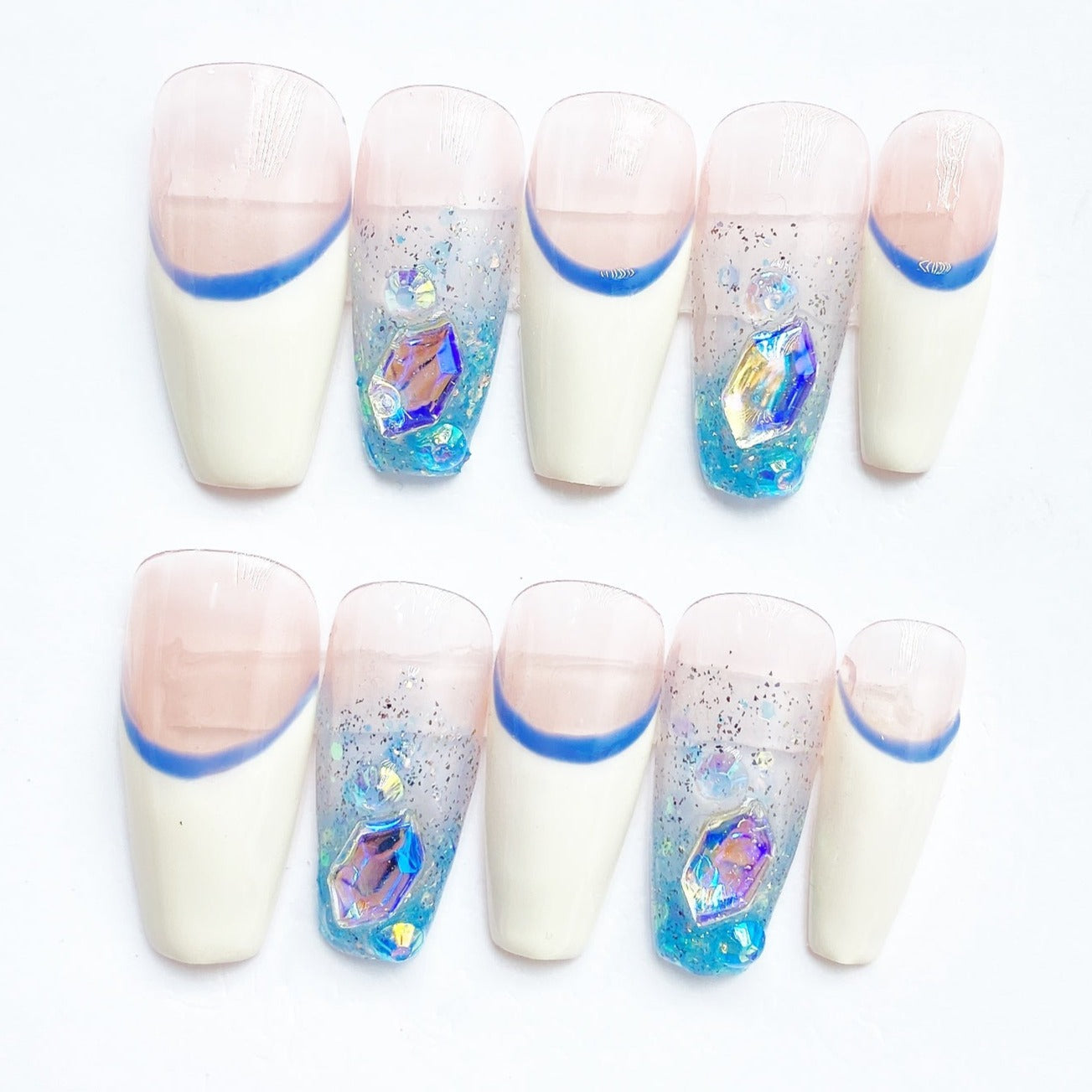 Handmade Nails Press on Nails DIY Nail Art for Woman Girl Nail Design Long Coffin Pink Blue 2023