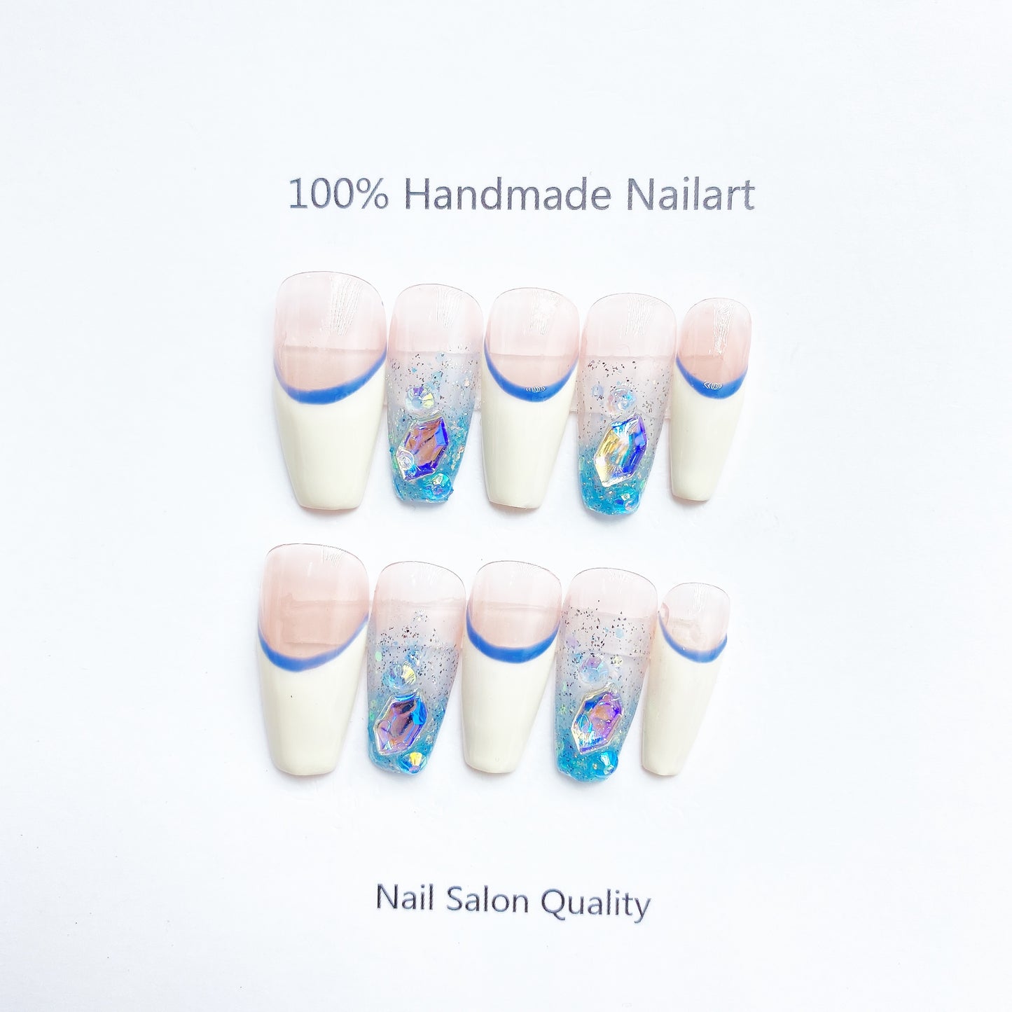 Handmade Nails Press on Nails DIY Nail Art for Woman Girl Nail Design Long Coffin Pink Blue 2023