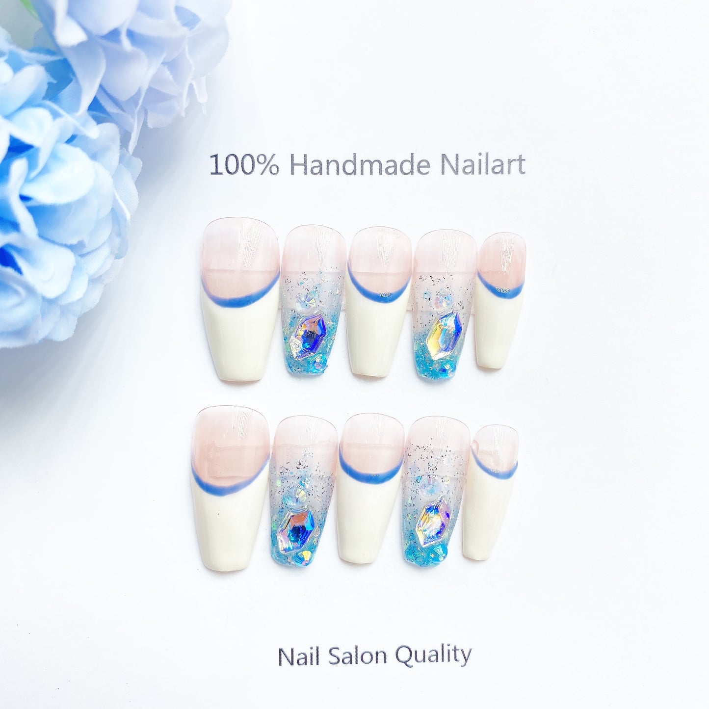 Handmade Nails Press on Nails DIY Nail Art for Woman Girl Nail Design Long Coffin Pink Blue 2023