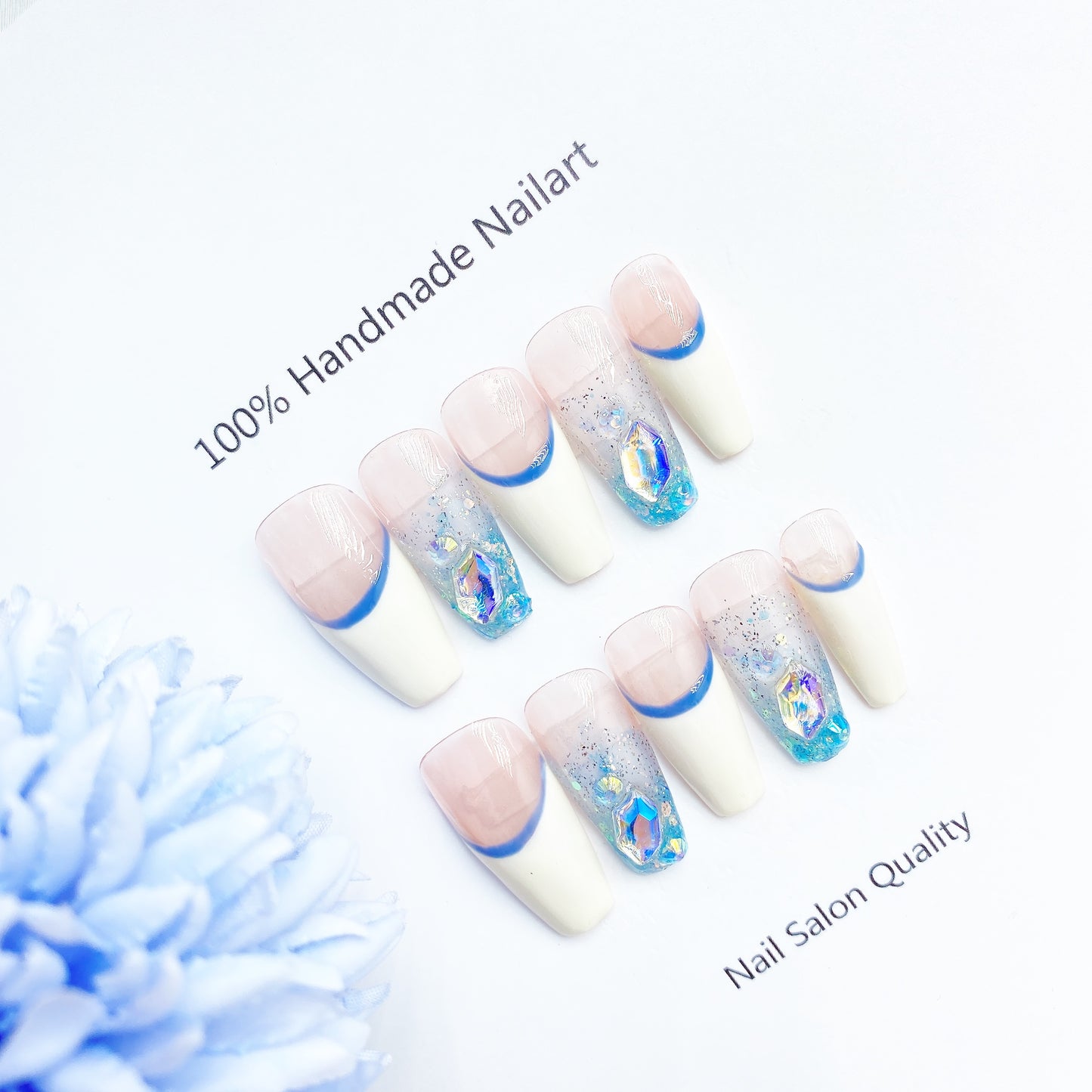 Handmade Nails Press on Nails DIY Nail Art for Woman Girl Nail Design Long Coffin Pink Blue 2023