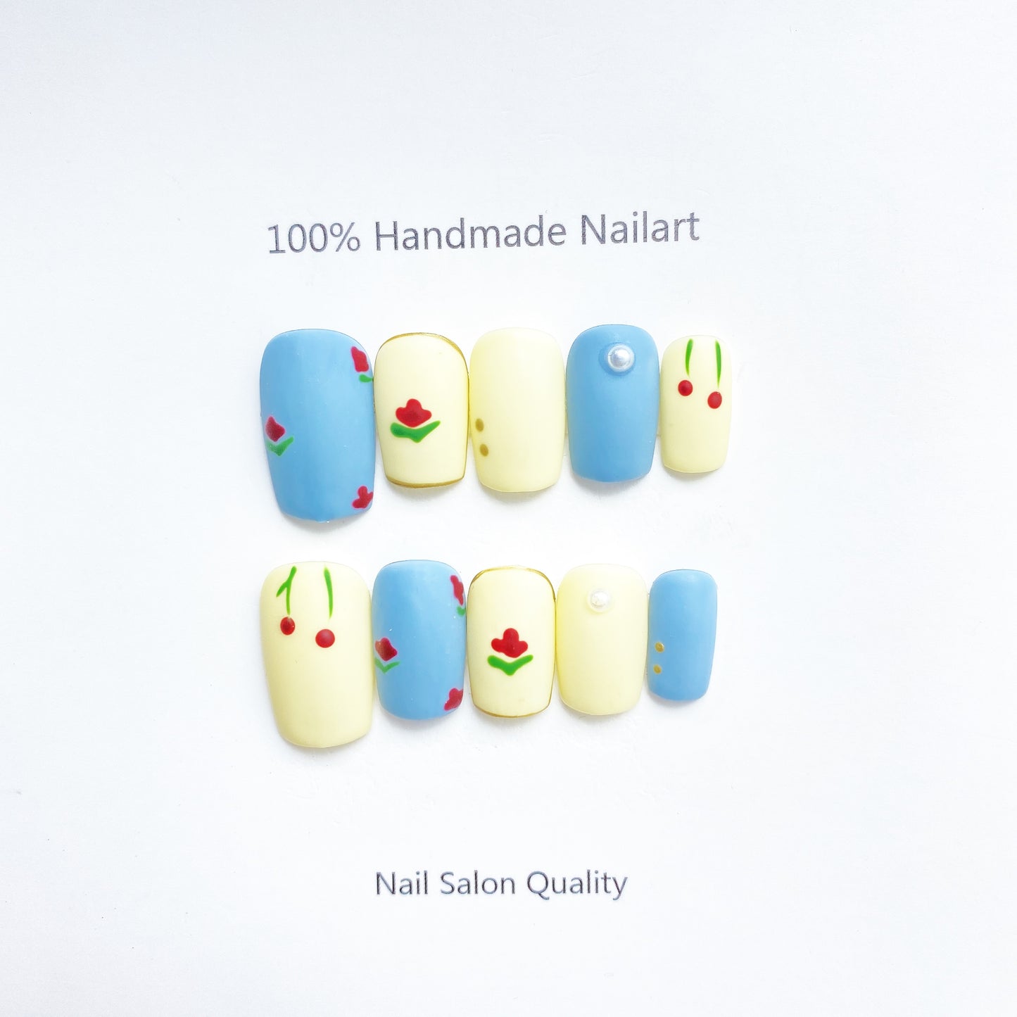 Handmade Nails Press on Nails DIY Nail Art for Woman Girl Nail Design Long Coffin Blue Yellow 2023