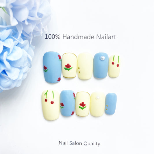 Handmade Nails Press on Nails DIY Nail Art for Woman Girl Nail Design Long Coffin Blue Yellow 2023