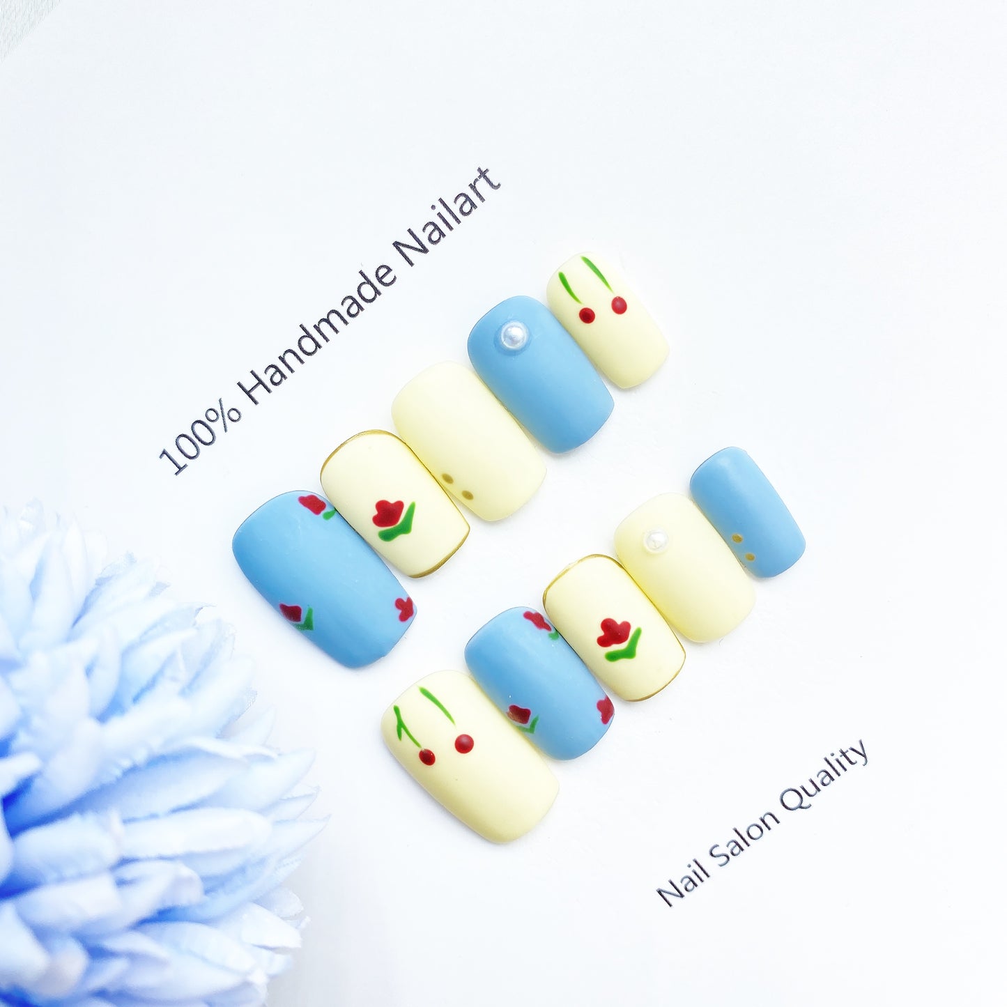 Handmade Nails Press on Nails DIY Nail Art for Woman Girl Nail Design Long Coffin Blue Yellow 2023