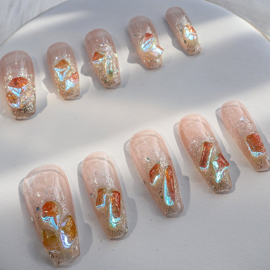 Designer: XinXin 62.Pink painting long T handmade nails Press on Nails DIY Nail