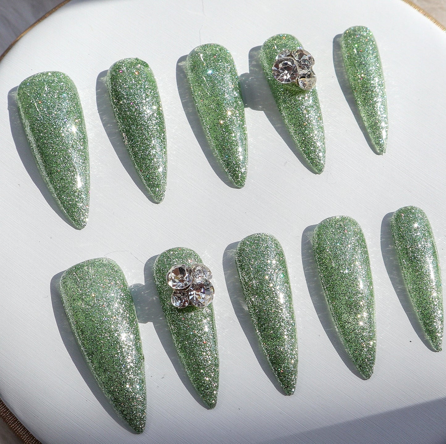 Designer: XinXin 76.Green rhinestone Shining handmade nails Press on Nails DIY Nail