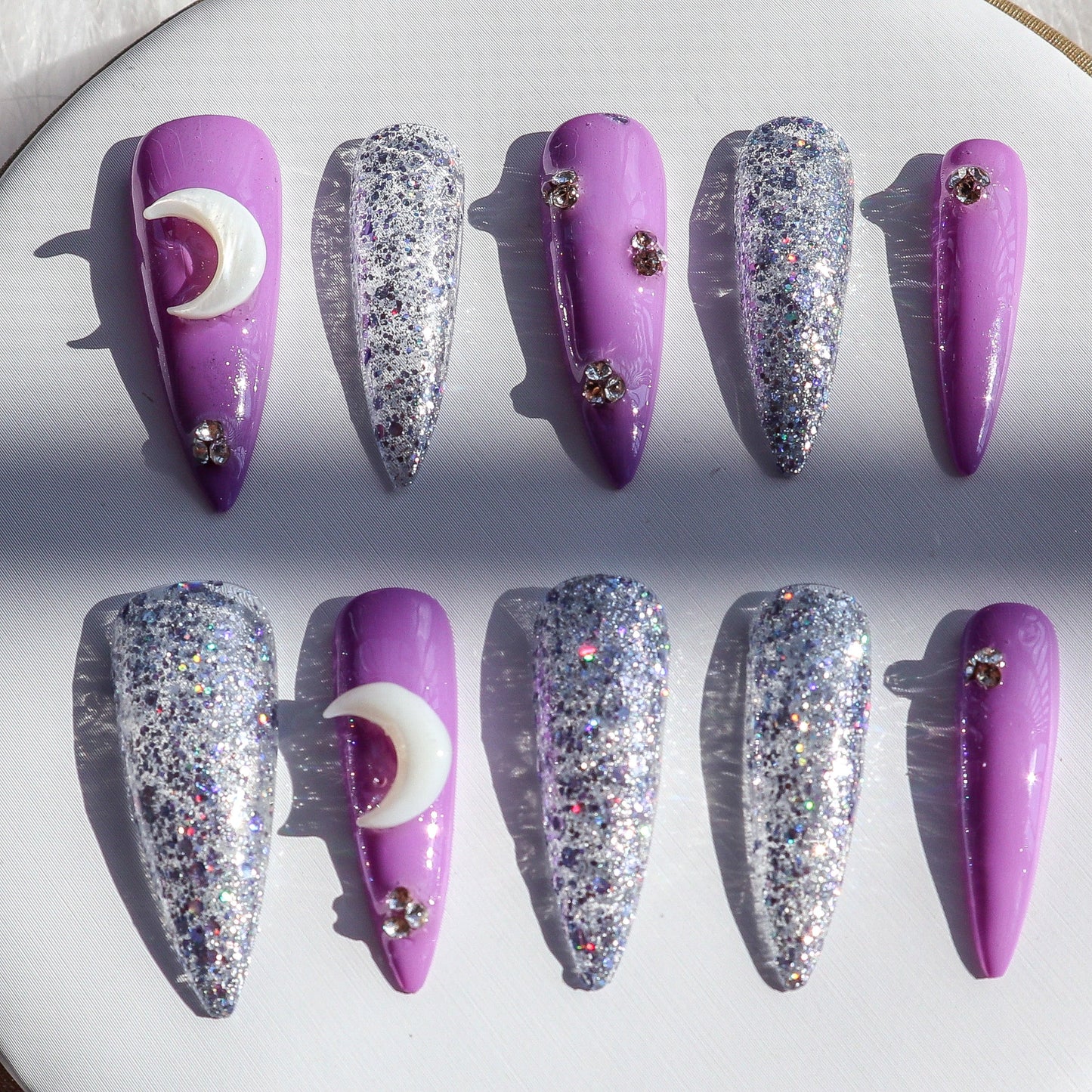 Designer: XinXin 59.Purple moon silver shining handmade nails Press on Nails DIY Nail