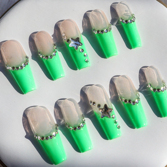 Designer: XinXin 85.Pink Green rhinestone star long T handmade nails Press on Nails DIY Nail