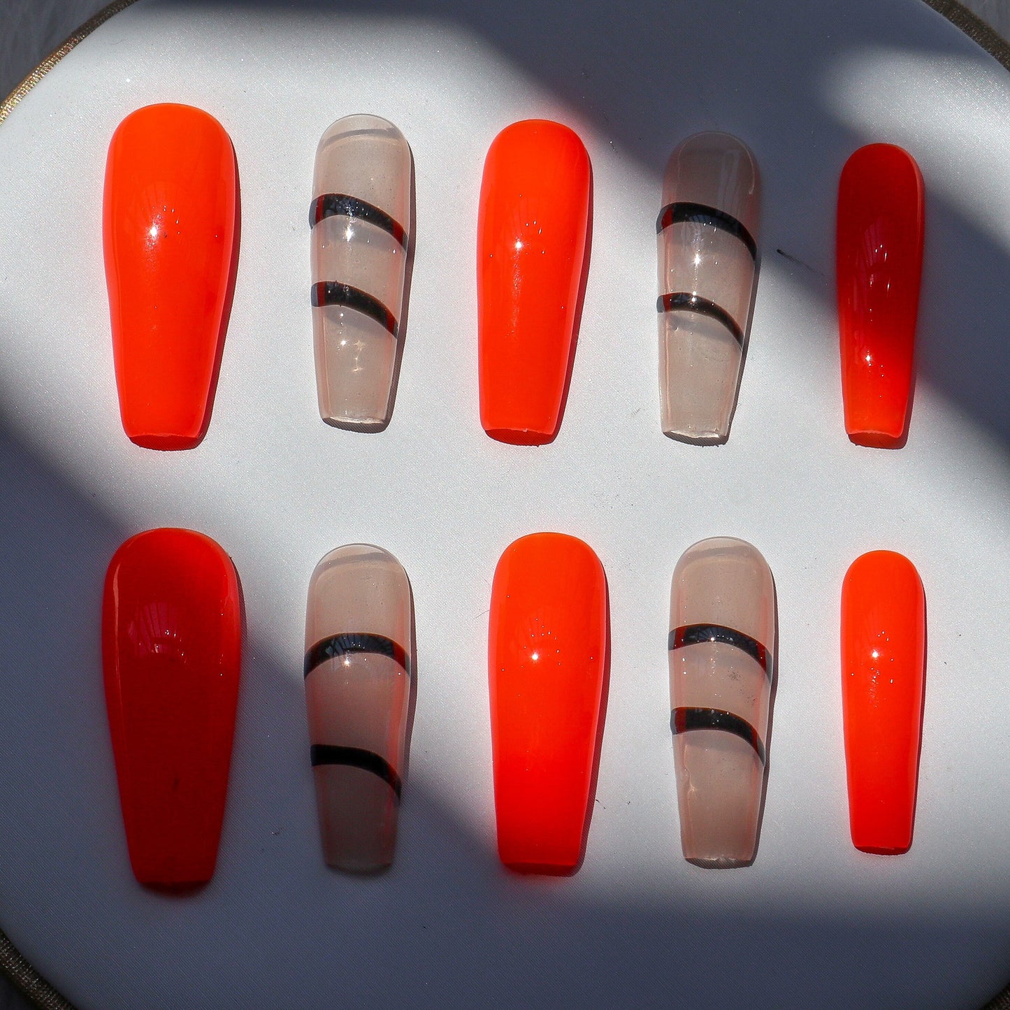 Designer: XinXin 49.Painting fluorescent orange long T handmade nails Press on Nails DIY Nail