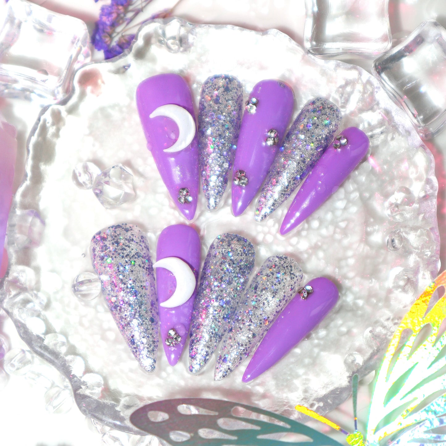 Designer: XinXin 59.Purple moon silver shining handmade nails Press on Nails DIY Nail