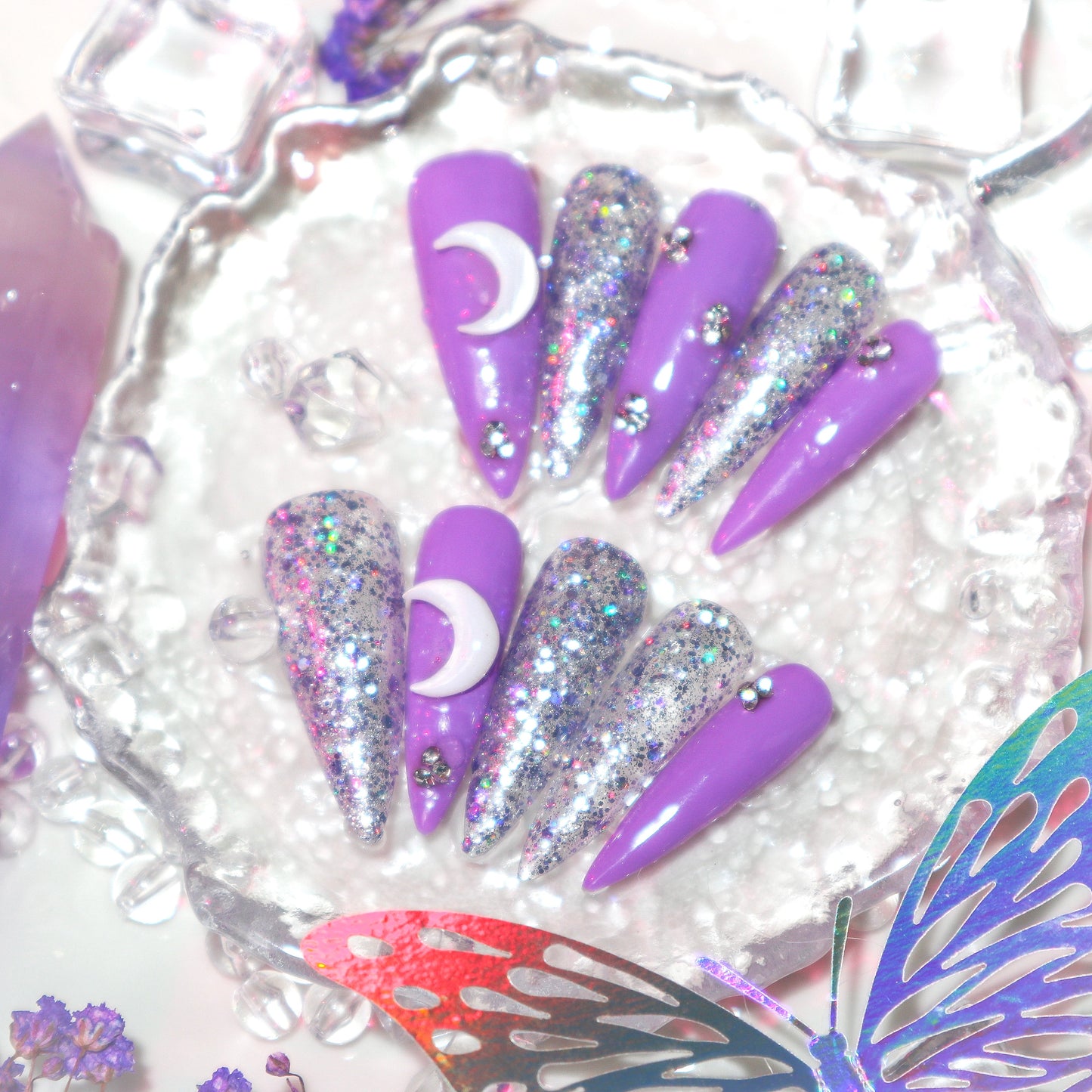 Designer: XinXin 59.Purple moon silver shining handmade nails Press on Nails DIY Nail