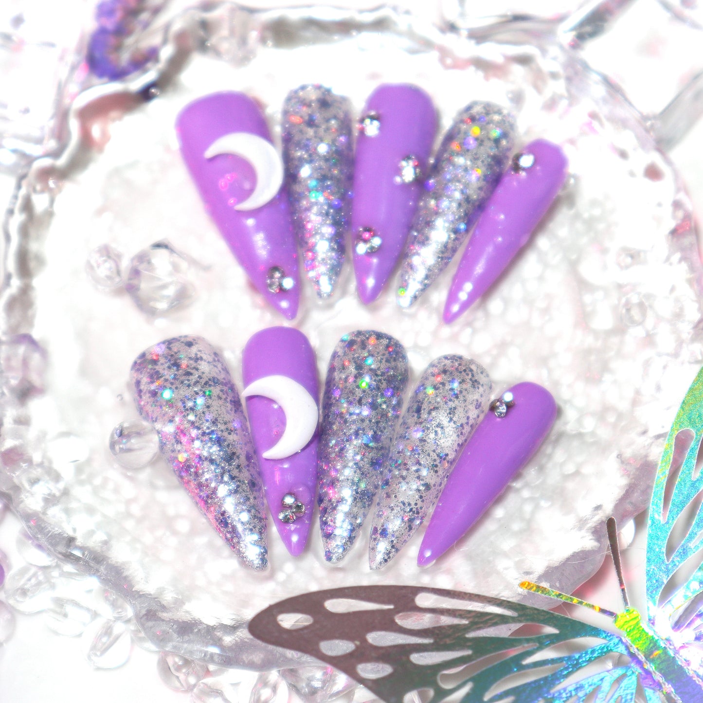 Designer: XinXin 59.Purple moon silver shining handmade nails Press on Nails DIY Nail