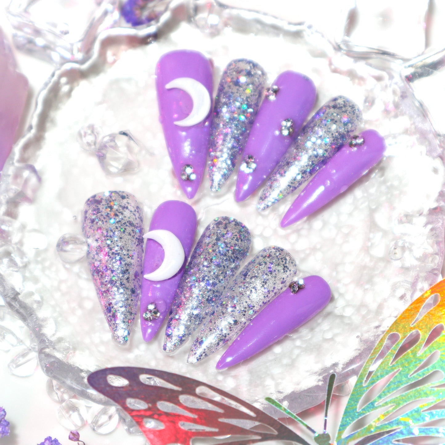 Designer: XinXin 59.Purple moon silver shining handmade nails Press on Nails DIY Nail