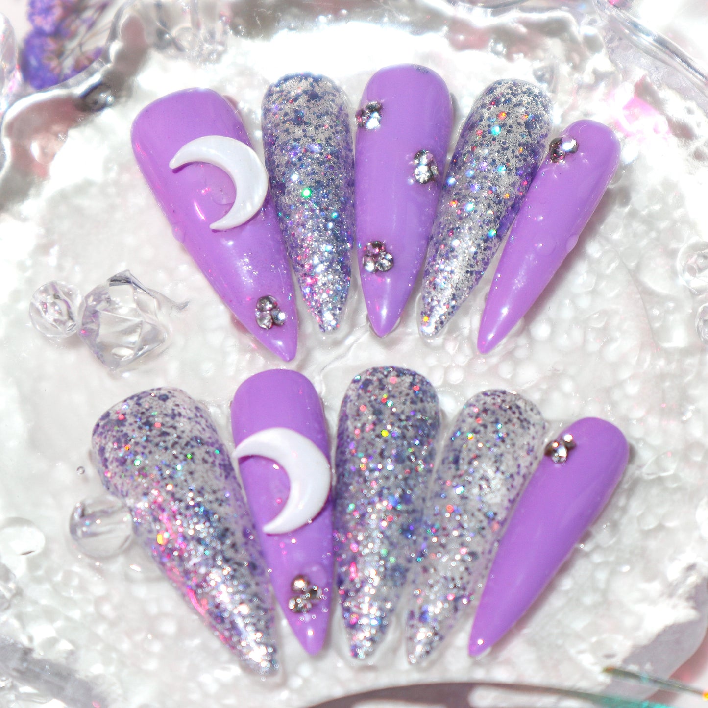 Designer: XinXin 59.Purple moon silver shining handmade nails Press on Nails DIY Nail