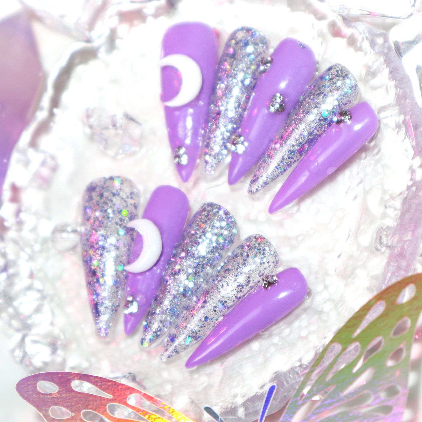 Designer: XinXin 59.Purple moon silver shining handmade nails Press on Nails DIY Nail