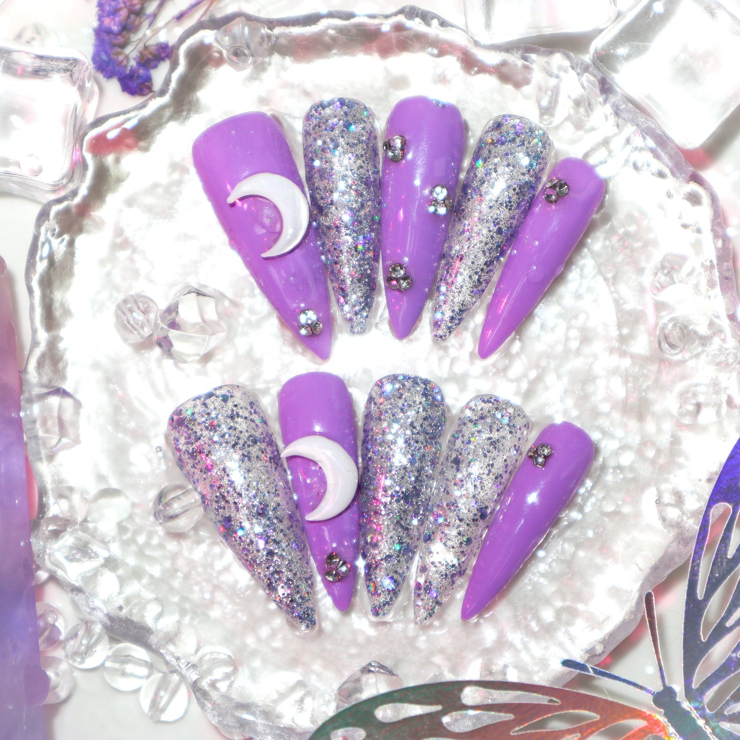 Designer: XinXin 59.Purple moon silver shining handmade nails Press on Nails DIY Nail