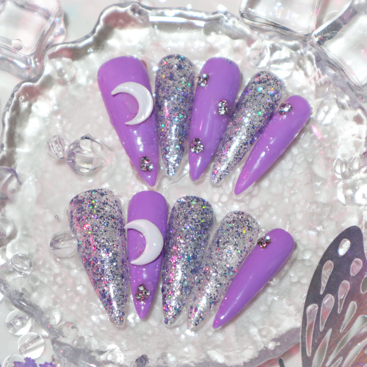 Designer: XinXin 59.Purple moon silver shining handmade nails Press on Nails DIY Nail