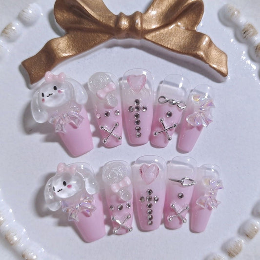 90-94.BabyCinnamoroll pink blue handmade nails Press on Nails DIY Nail Art 91 92 93