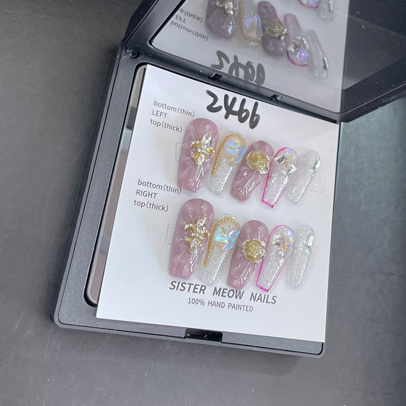 Designer: MeowMeow.Handmade Nail Designs Press on Nails DIY  Nail Art for woman girl Long Coffin purple silver