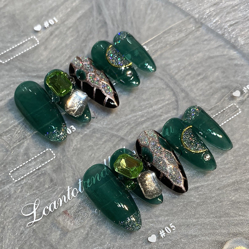 Designer: HuaHua.Handmade nails Press on Nails DIY Nail Art for woman girl Almond Long green