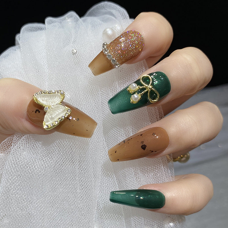 Designer: HuaHua.Handmade nails Press on Nails DIY Nail Art for woman girl Long Coffin green brown