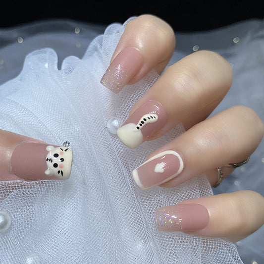 Designer: HuaHua.Handmade nails Press on Nails DIY Nail Art for woman girl Long Square pink