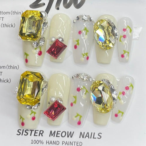 Designer: MeowMeow.Handmade Nail Designs Press on Nails DIY  Nail Art for woman girl Long Coffin rhinestone yellow