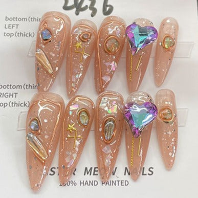 Designer: MeowMeow.Handmade Nail Designs Press on Nails DIY  Nail Art for woman girl Almond Long  rhinestone