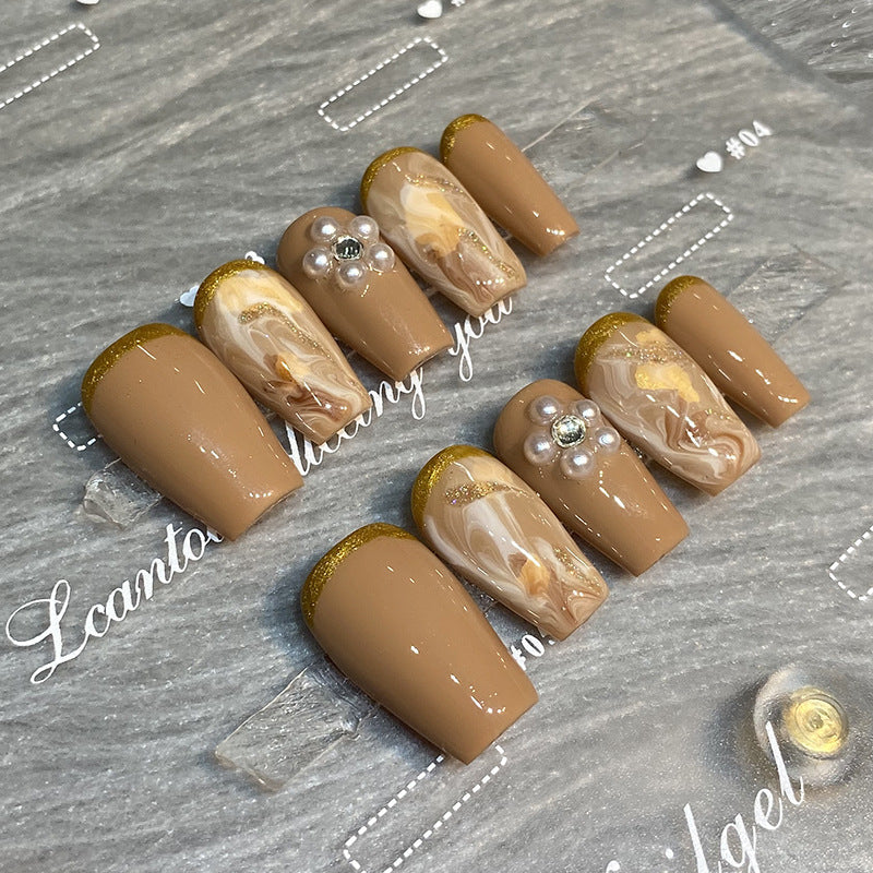 Designer: HuaHua.Handmade nails Press on Nails DIY Nail Art for woman girl Long Coffin brown