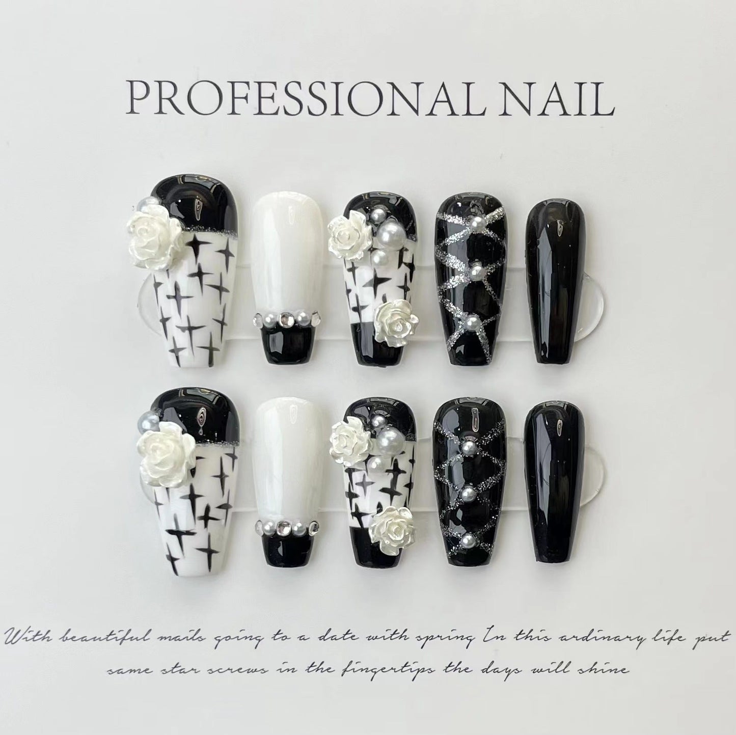 Designer: ManMan Handmade nails Press on Nails DIY Nail Art for woman girl Long Coffin white black