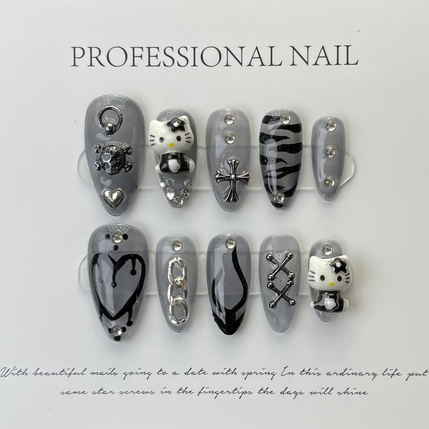 Designer: ManMan Handmade nails Press on Nails DIY Nail Art for woman girl Almond Long gray